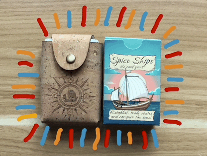 photo of Spice Ships game and travel case depicting exotic Spice Islands and historical sailing vessels